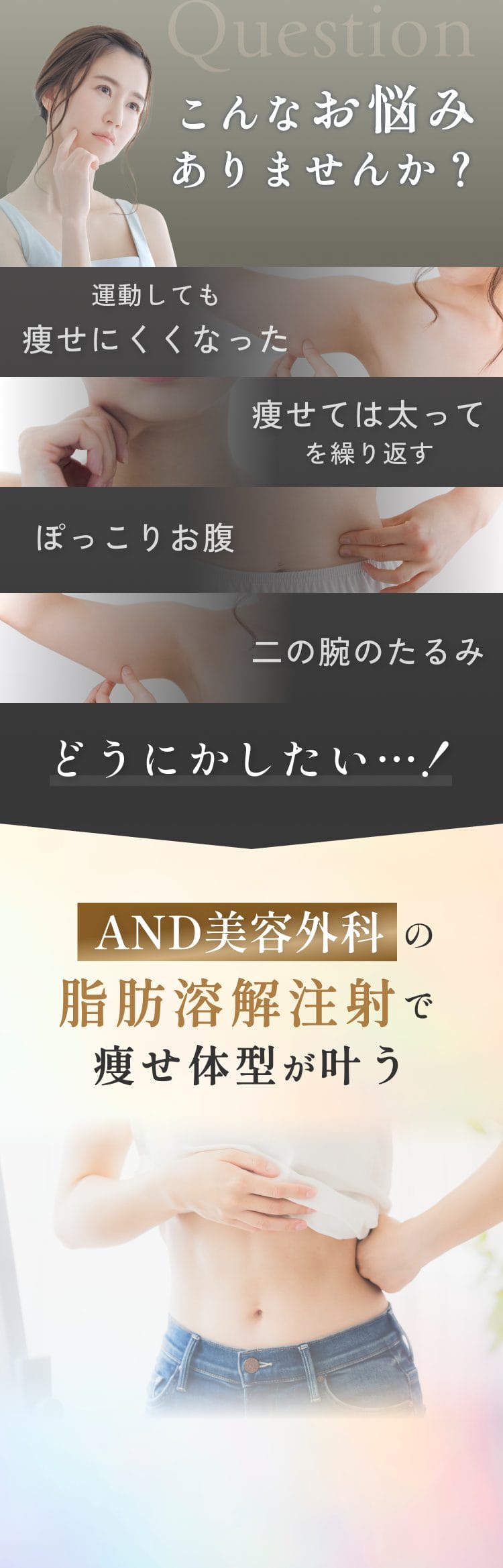 こんなお悩みありませんか？/運動してても痩せにくくなった/痩せては太ってを繰り返す/ぽっこりお腹/二の腕のたるみどうにかしたい/and(アンド)美容外科の脂肪溶解注射で痩せ体型が叶う