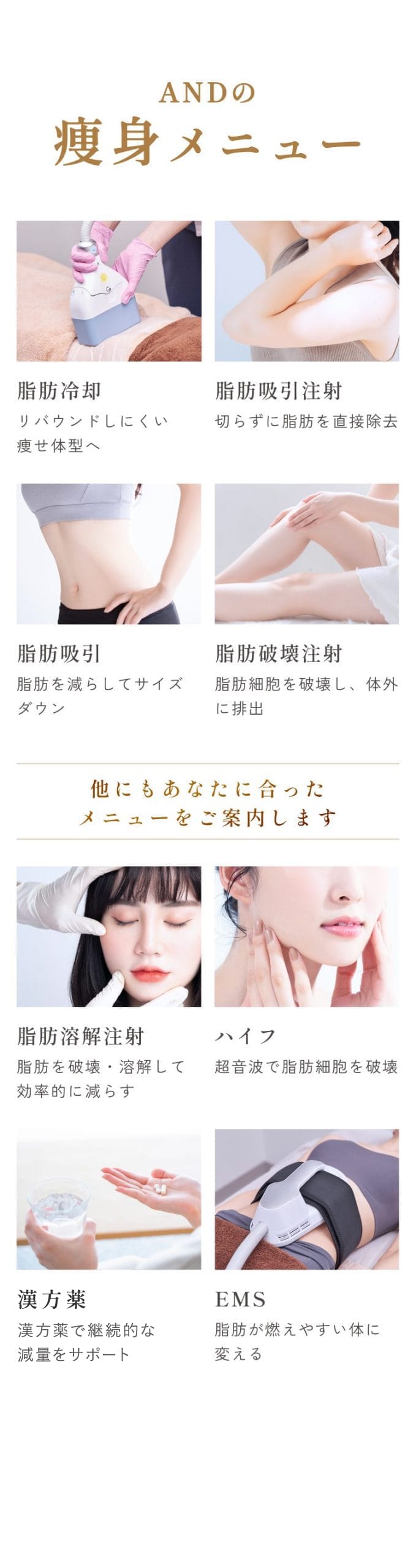 画像_and(アンド)美容外科の痩身メニュー/脂肪冷却/リバウンドしにくい痩せ体型へ/脂肪吸引注射/切らずに脂肪を直接除去/脂肪吸引/脂肪を減らしてサイズダウン/他にもあなたに合ったメニューをご案内します/脂肪溶解注射/脂肪を破壊・溶解して効率的に減らす/ハイフ/ダウンタイム少なく脂肪細胞を破壊/漢方薬/漢方薬で継続的な減量をサポート/EMS/脂肪が燃えやすい体に変える
